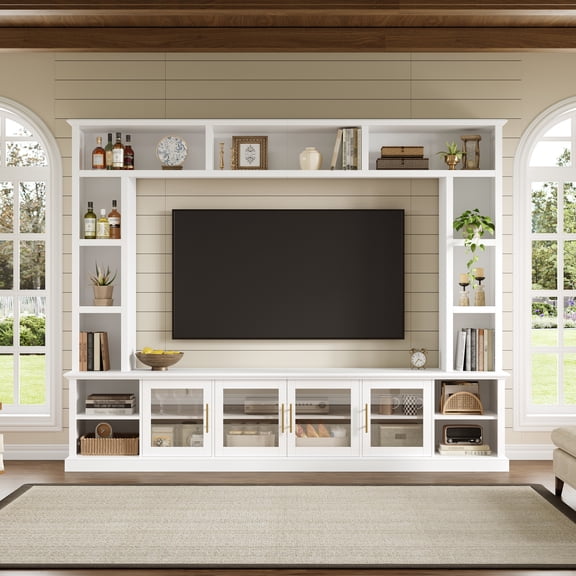 Taoruifang White Modern Entertainment Center Wall Unit for TVs Up to 80", TV Console with Glass Doors & Adjustable Shelves