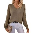 thumbnail image 3 of Women V Neck Knit Hollow Openwork Lantern Long Sleeve Ribbed Cuff Loose Fit Knit Pullover Sweater Pickled Vegetable XL, 3 of 8