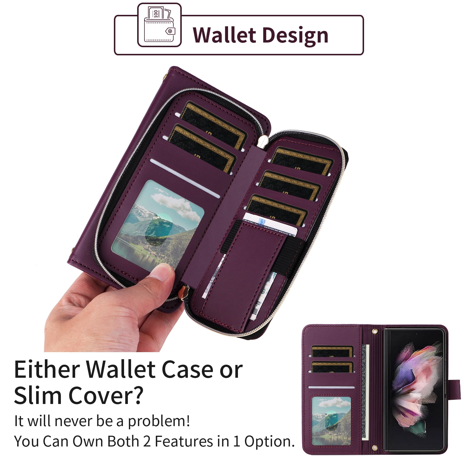 Furiet Wallet Case for Samsung Galaxy Z Fold 4 5G 2022 with Wrist Strap Crossbody Shoulder Strap Card Slot Zipper Purse Luxury PU Leather Stand Phone Cover for ZFold4 Z4 Fold4 4Z ZFold45G Deep Purple