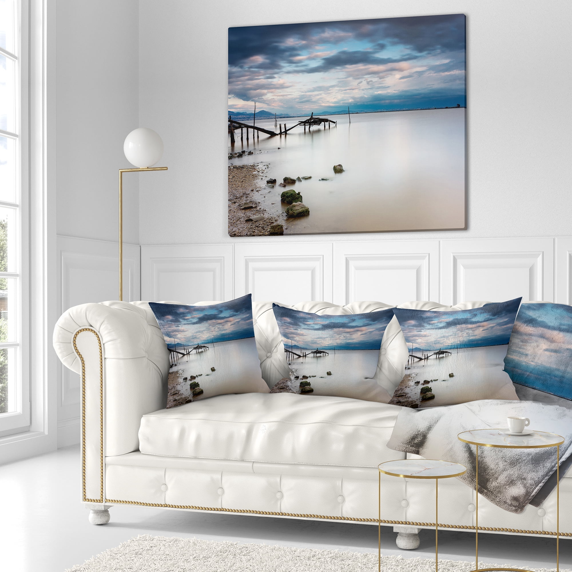 Designart Magic Sunrise with Old Wooden Pier - Pier Seascape Throw Pillow - 18x18