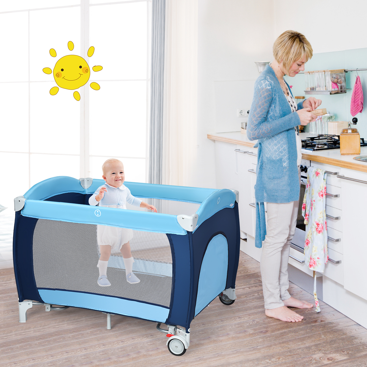 Costway Foldable Baby Crib Playpen with Bassinet and Mosquito Net photo 4