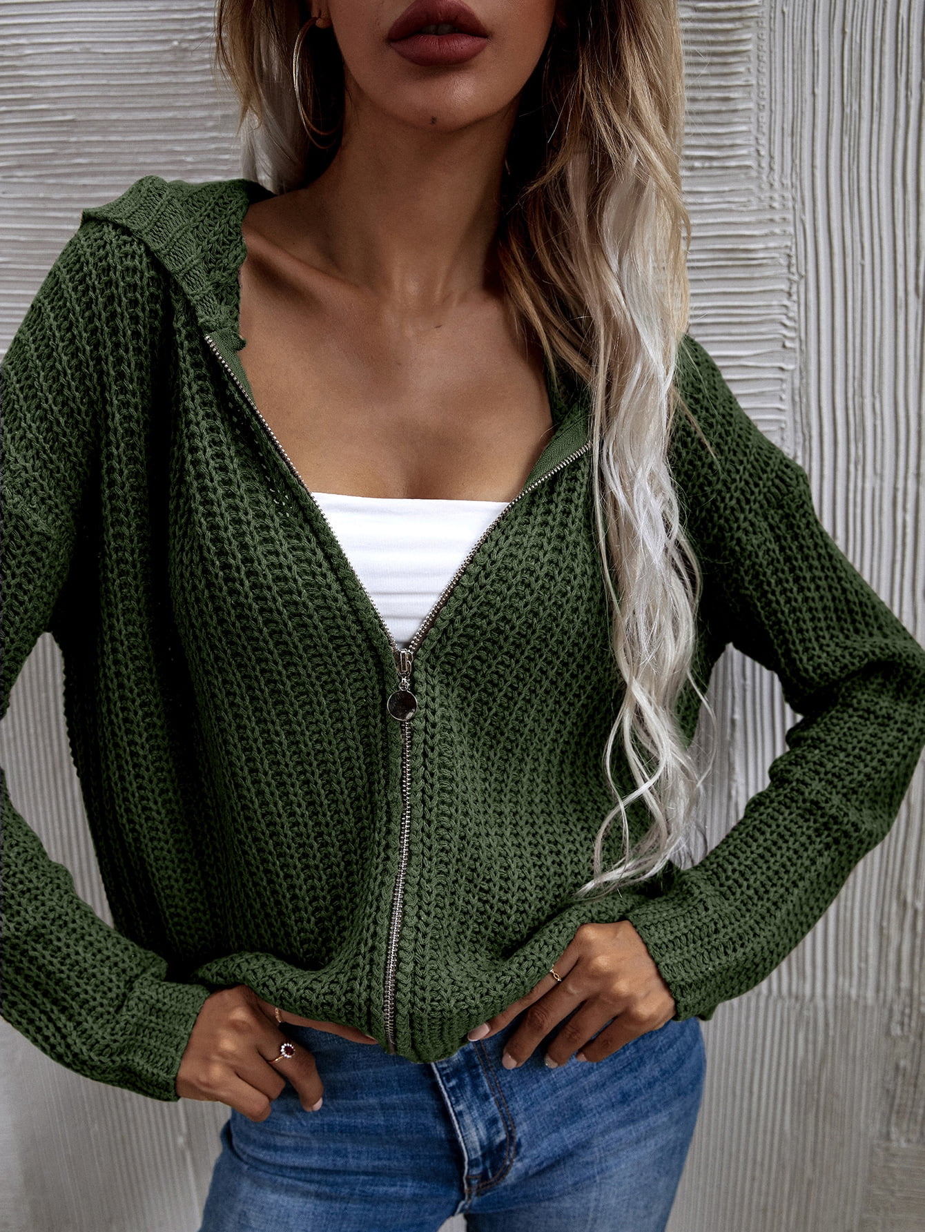 Dark Green Hooded Zip Front Cardigan 