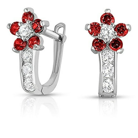 Sterling Silver Cubic Zirconia Flower Huggie Earrings of Girls