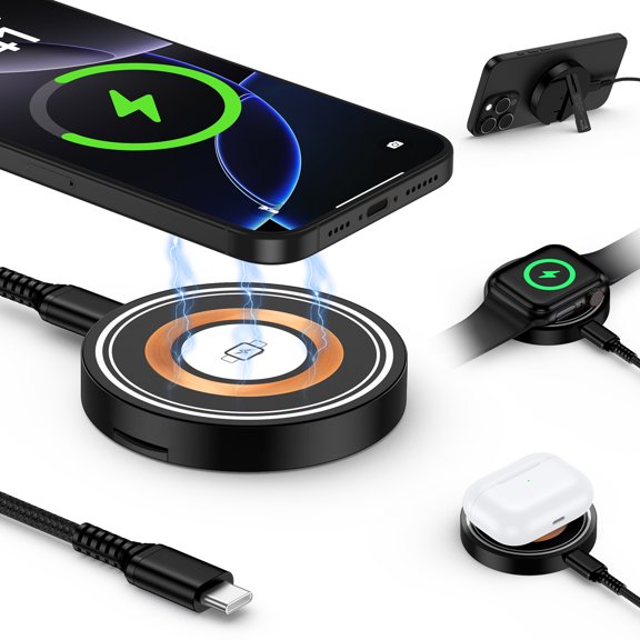 15W Magnetic Wireless Charger Pad,3 in 1 Travel iWatch Wireless Charging Station Mag-Safe Charger Stand AirPods Fast Charging Mat Wireless Holder Stand Dock Fits for iWatch AirPods iPhone 16 15 14