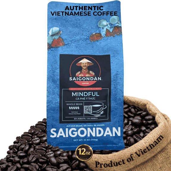 Saigondan Whole Bean Coffee - Mindful | Dark Roast | Robusta & Arabica Blend | Vietnamese Single Origin | Roasted in Small Batch | Direct Trade | Full Bodied | No Preservatives | 12 Oz