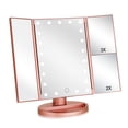 thumbnail image 1 of Flymiro Tri-fold Lighted Vanity Makeup Mirror with 3x/2x Magnification,21 LEDs Light and Touch Screen,180 Degree Free Rotation Countertop Cosmetic Mirror,Travel Makeup Mirror (Rose Gold), 1 of 10