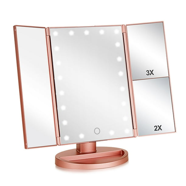 Flymiro Espejo de maquillaje triple iluminado con aumento de 3x/2x, 21 luces LED y pantalla táctil, rotación libre de 180 grados, espejo cosmético para encimera de viaje (oro rosa)