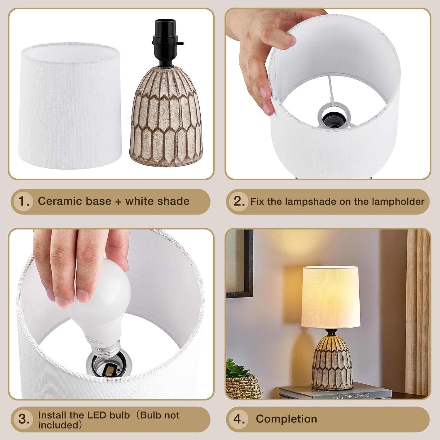 NATYSWAN Table Lamps Set of 2-13.5" Small Boho Lamp - Bedside Lamps - Farmhouse Rustic Ceramic Table Lamp for Bedroom, Living Room, Nightstand, Office, Side Desk Lamp