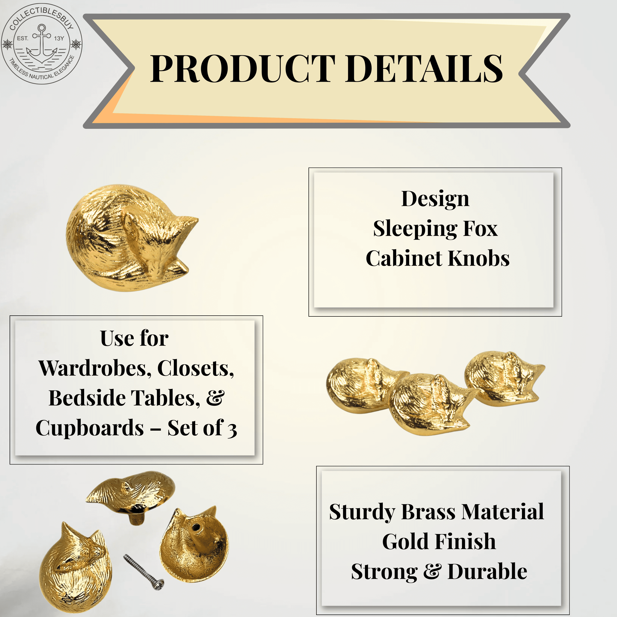 Shiny Brass Sleeping Fox Cabinet Knobs – Animal Drawer Pulls for Room, Cupboard, Closet, Dresser & Furniture Hardware | Wood Decor Knob Set (Pack of 3)