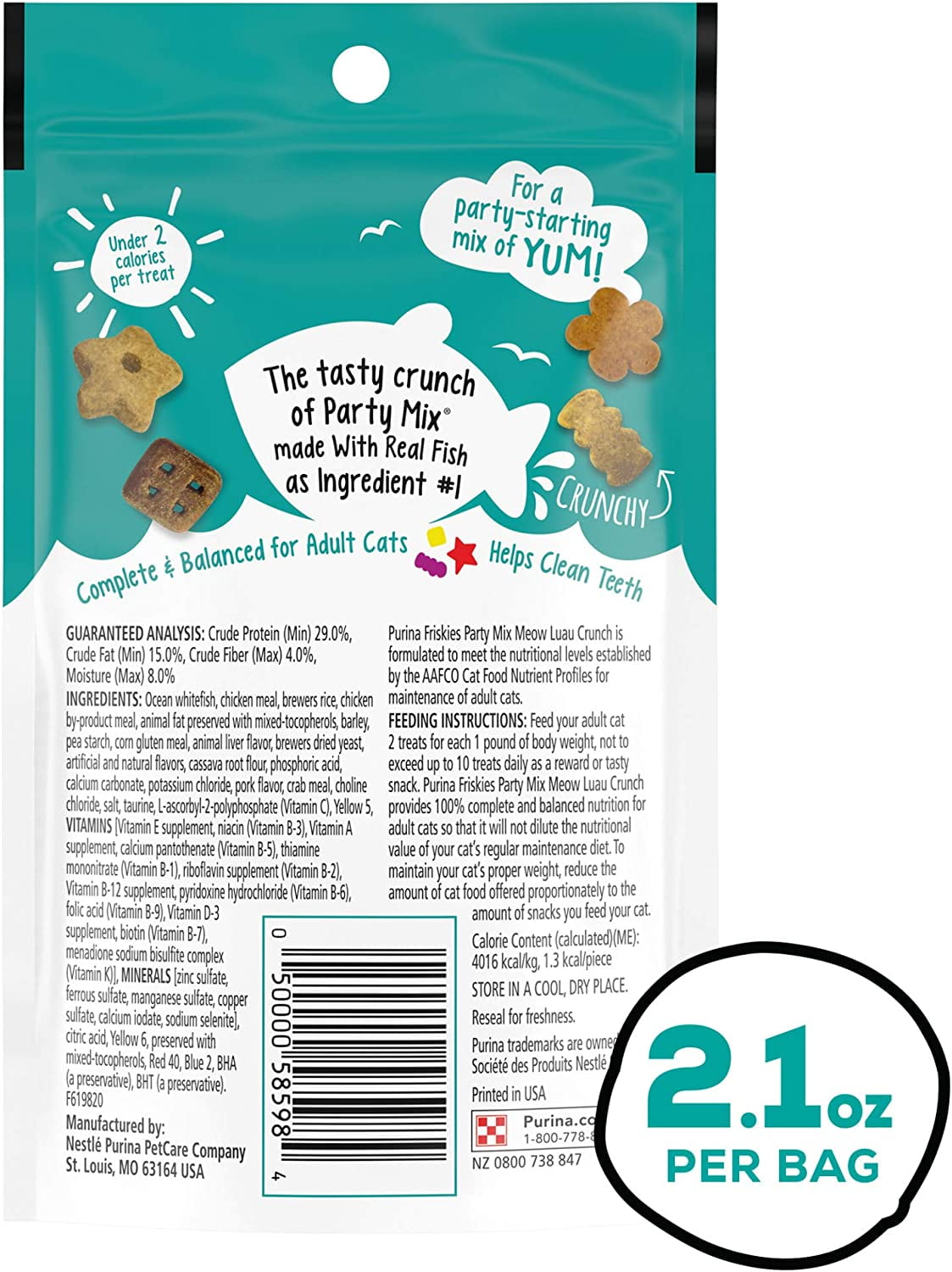 Purina Friskies Party Mix Cat Treats, Meow Luau Crunch with Ocean Whitefish & Flavors of Pork & Crab, Cat Treats for Adult Cats, 2.1-Ounce Pouch (Pack of 6)