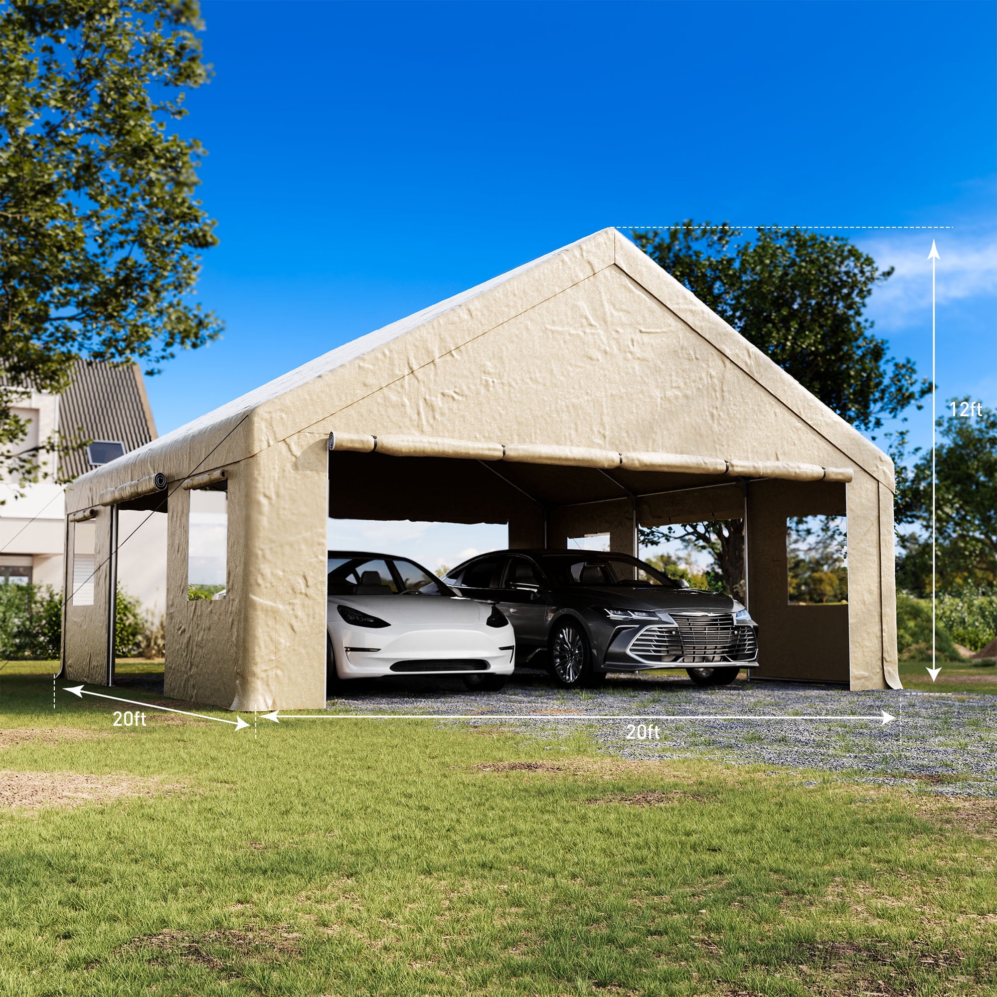 MOALCOFER 20x20FT Heavy Duty Portable Carport Garage,Car Canopy with Roll-up Windows,Sidewalls