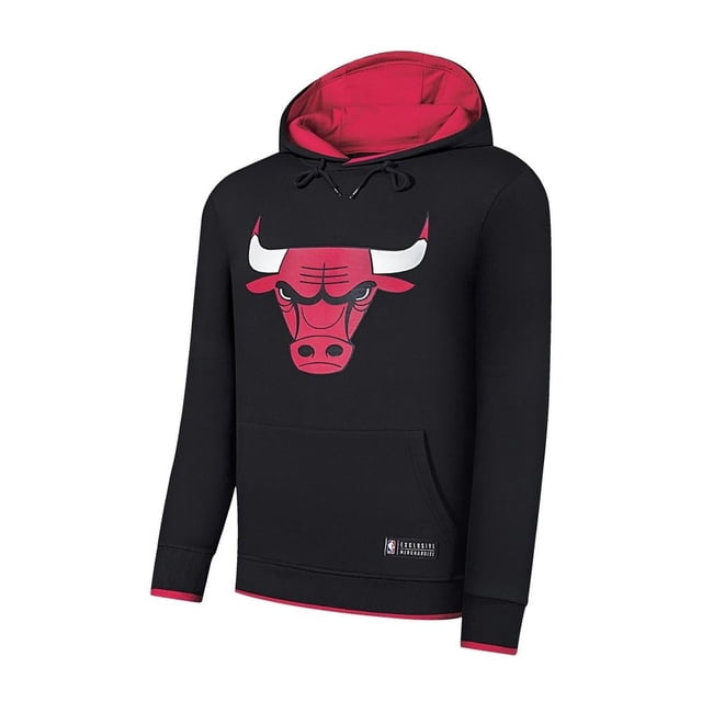 Sudadera FexPro México NBA Talla CH con gorra Chicago Bulls negra con capucha interior roja, logo frontal del toro de Chicago Bulls en rojo y blanco, manga larga con puños ajustados y bolsillo canguro, sudadera deportiva para hombre ideal para entrenamientos y uso casual con confort y estilo.