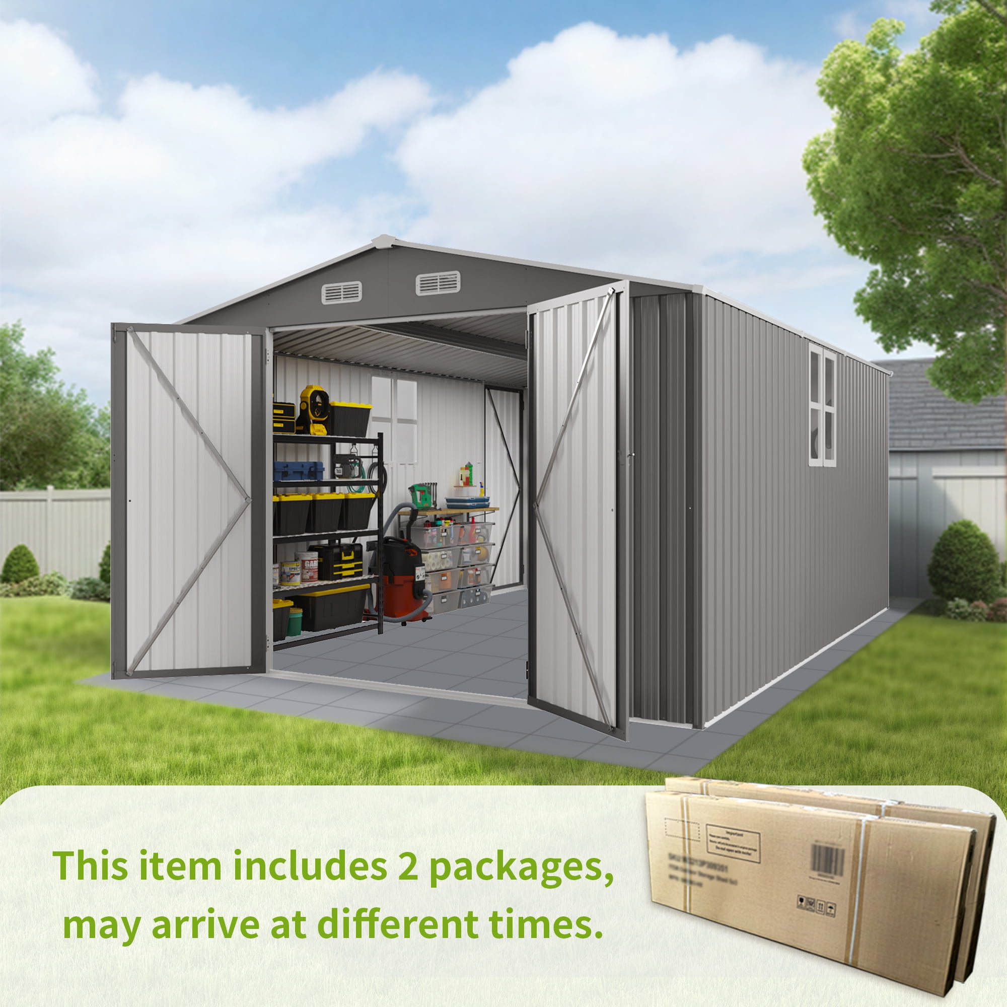 10x14 FT Outdoor Metal Storage Shed with 3 Lockable Doors & Window, Heavy-Duty All-Weather Garden Shed for Lawn Mowers, Bikes, Tools, Backyard, Patio, Grey