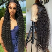 HD Deep Wave Lace Front Wigs Human Hair 13X4 Lace Frontal Human Hair Wig for Black Women Glueless Transparent Lace Curly Wig Brazilian Virgin Human Hair Pre Plucked Natural Color 150% Density 16inch