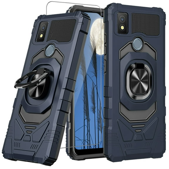 TJS for Cricket Icon 4 Phone Case, with Tempered Glass Screen Protector, [Military Grade] Robotic Magnetic Support Car Mount Metal Ring Holder Kickstand Cover (Blue)