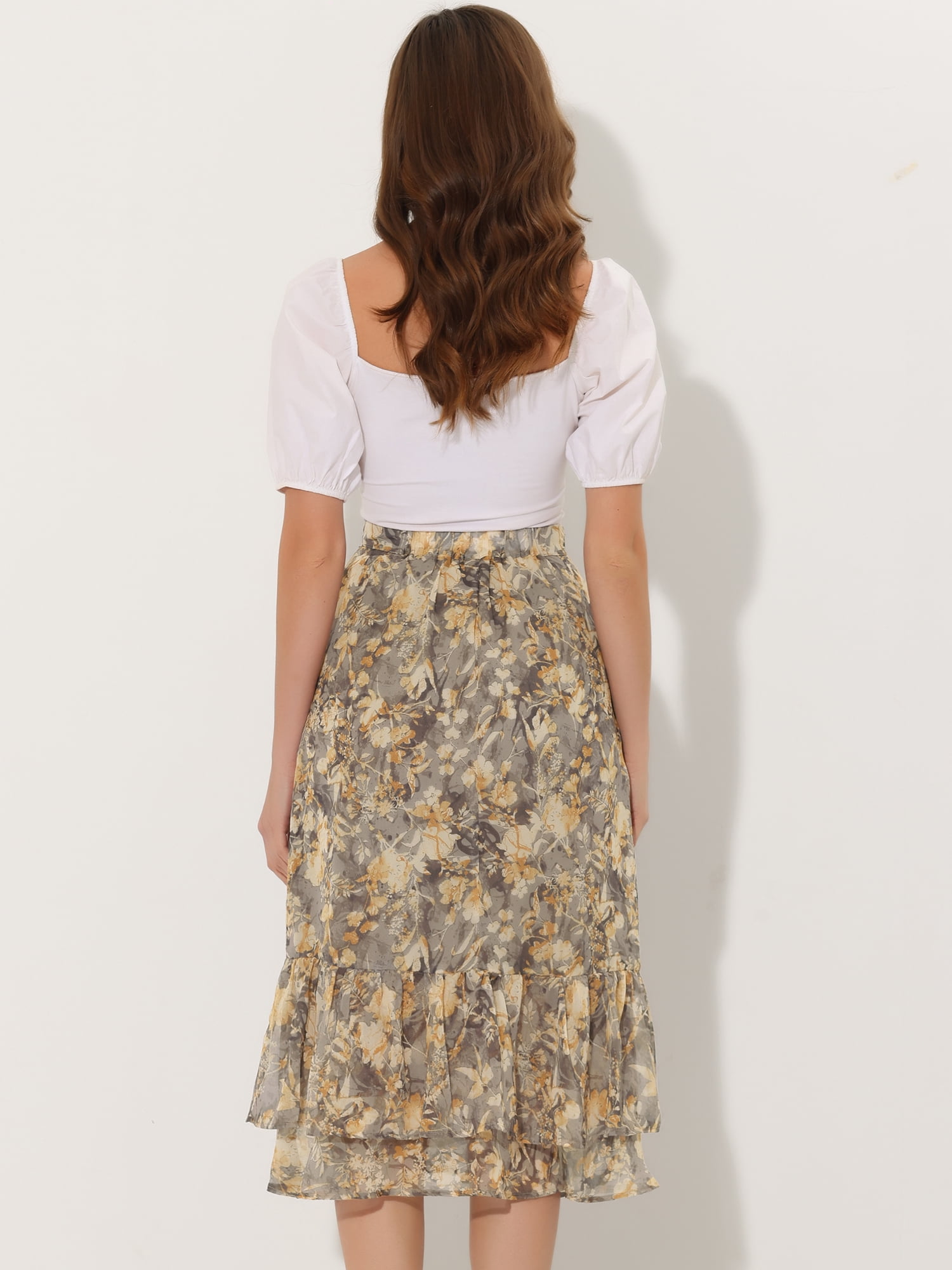 DARING DIVA Women's Tiered Ruffle Hem Midi Skirt XS Light Grey-Floral
