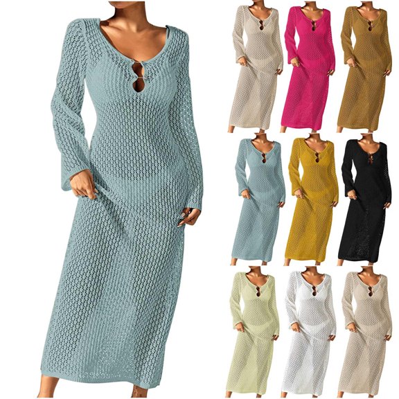 Bovxnpu Long Sleeve Dress for Women, Women Long Sleeve Dress Plus Size Vacation Beach Sun Protection Backless V Neck Dress Maxi Dress Spring Fall Outfits