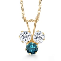 Gem Stone King 14K Yellow Gold White Topaz and Blue Diamond 3-Stone Pendant Necklace for Women (0.38 Cttw, Gemstone November Birthstone, Round 3MM, 18 inch Chain)