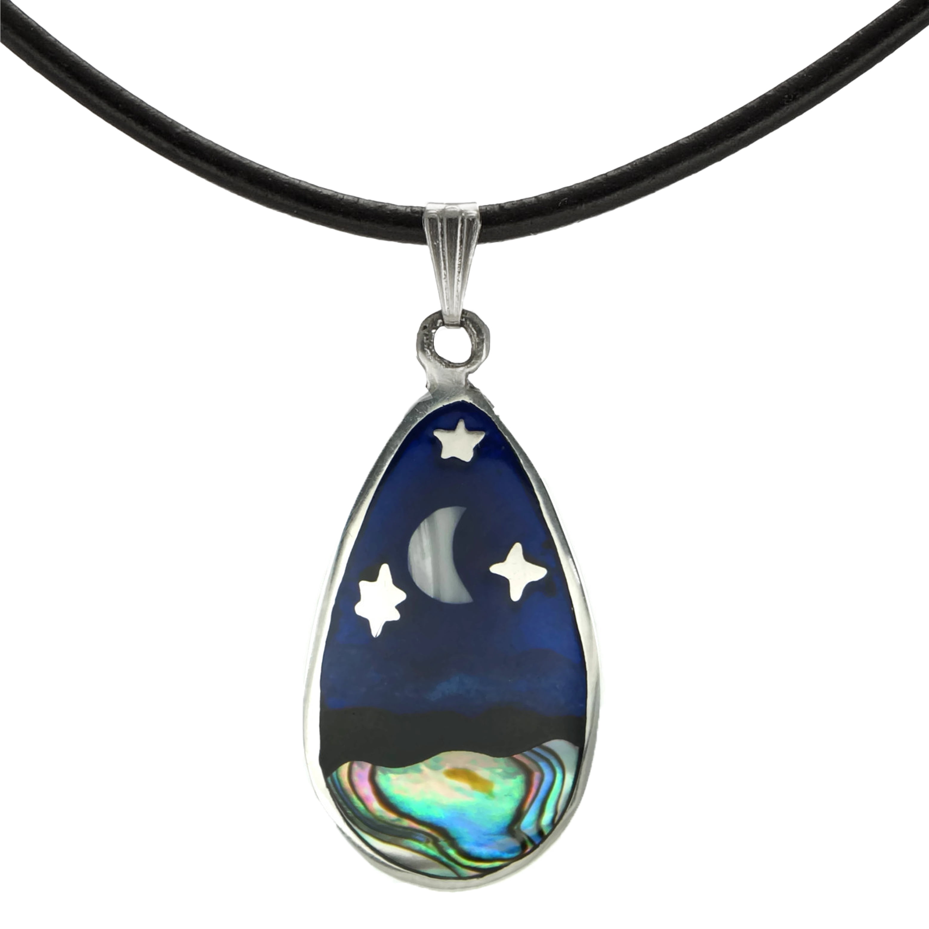 Unisex Abalone Moon and Stars Greek Leather Cord Necklace - 24