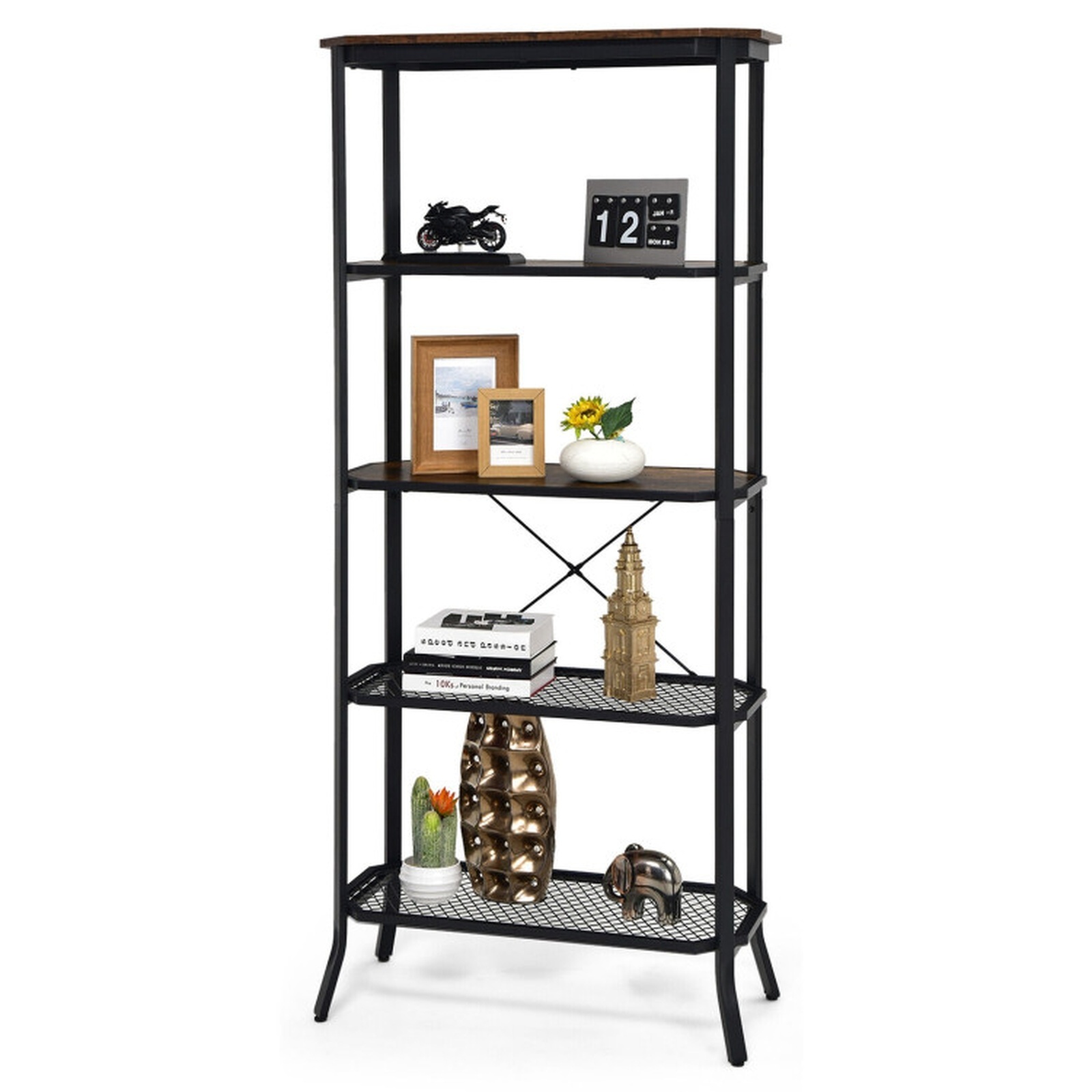 Furnibear Industrial 5-Layer Bookshelf with Out-Stretched Legs for Living Room Home Office Bedroom Display Storage Shelf, Rustic Brown