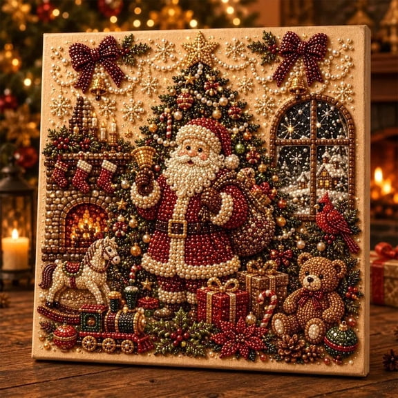 syligr Santa & Gift Christmas Diamond Art for Adults, Vintage Christmas Pearl Art Kits, DIY Pearl Diamond Kit, Winter Bead Crafts Ornament, Xmas Party Decorations for Mantel, Unique Gift/Favors