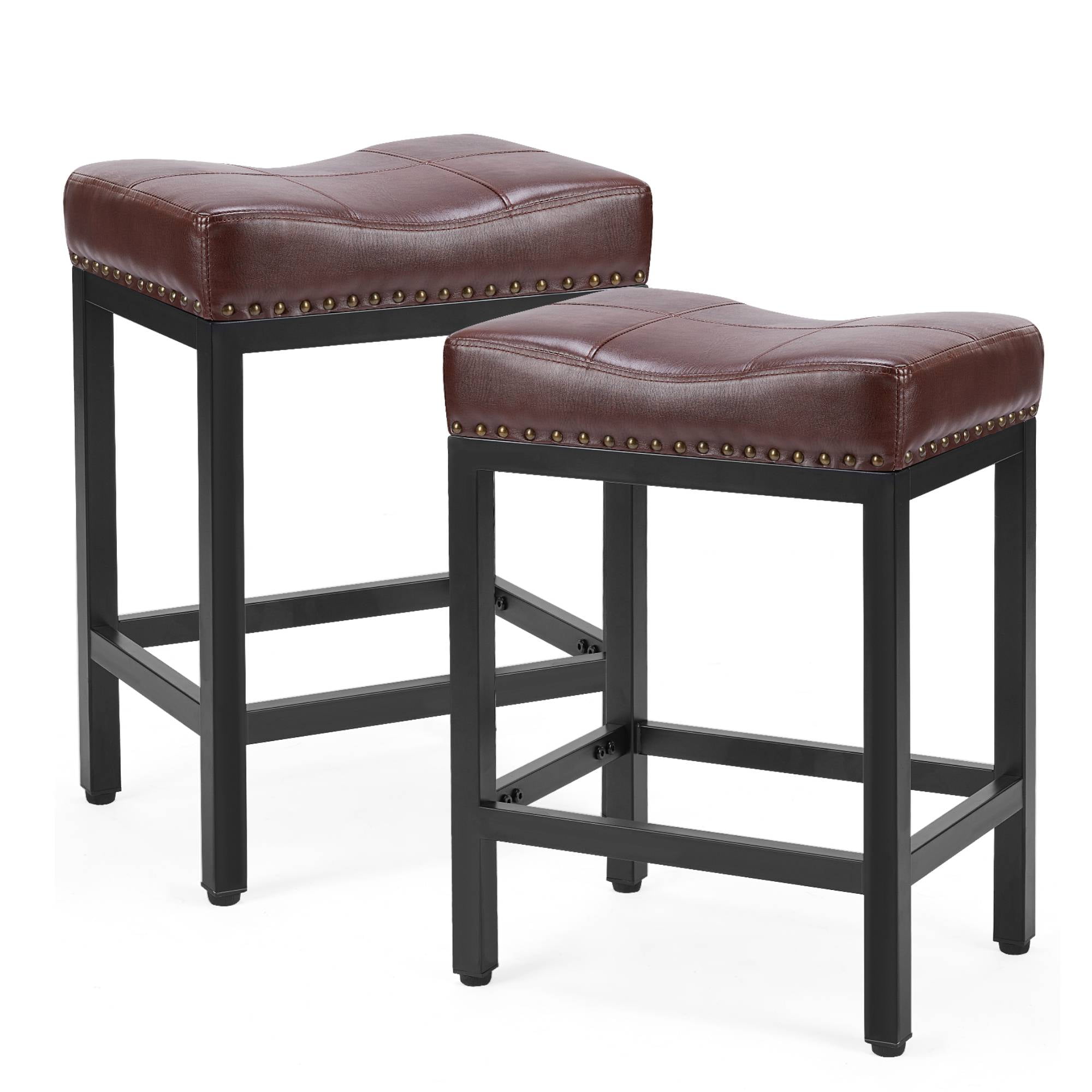 24 inch Saddle Bar Stools Set of 2 Leather Counter Height Bar Stools for Kitchen Island PU Sadless Stools Chair with Metal Footrest, Brown