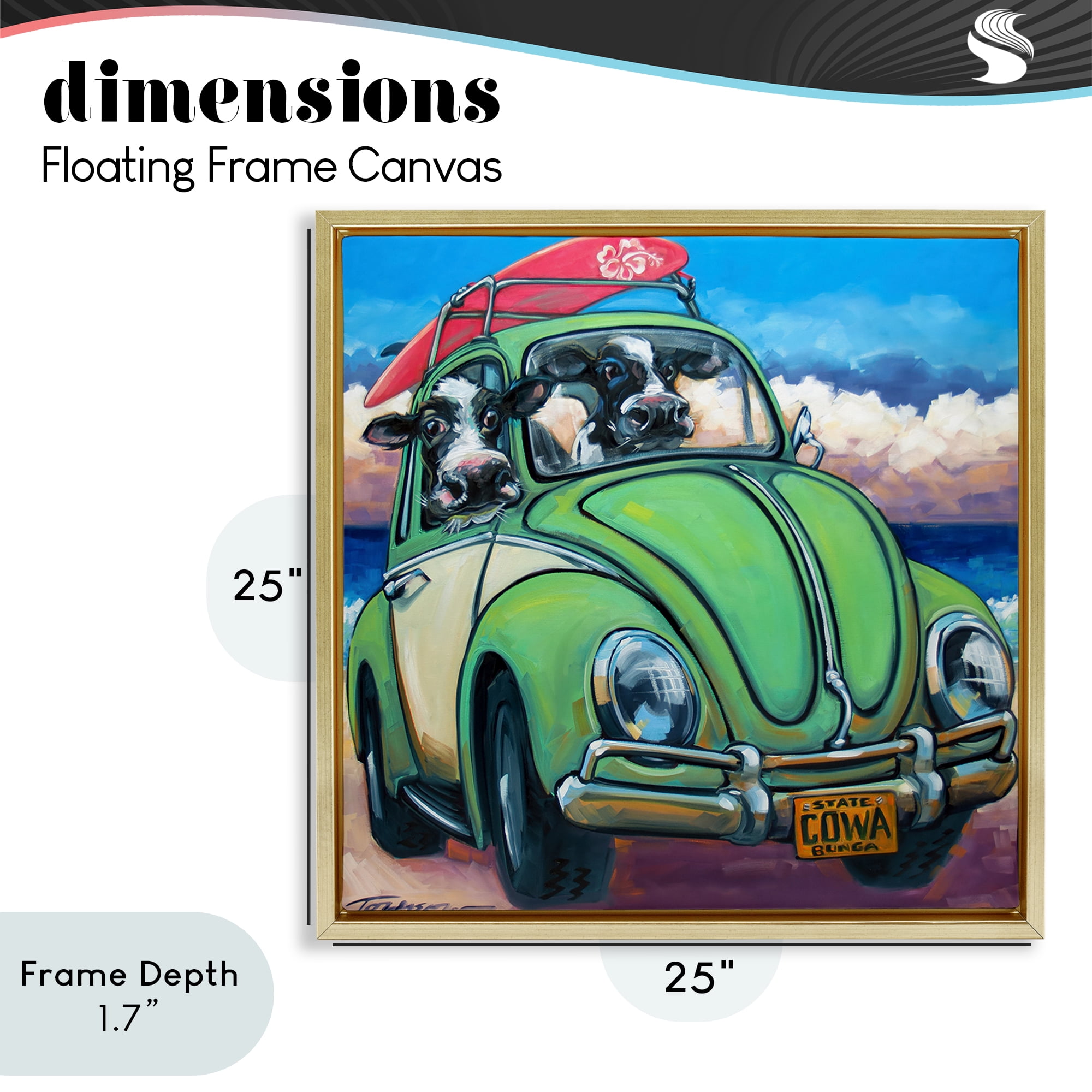 Stupell Industries Cowabunga Surfer Cows Gold Framed Floater Canvas Wall Art, design by CR Townsend
