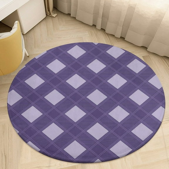 Purple Diamond Grid Color Round Area Rugs for Bedroom Living Room, 4FT Soft Indoor Circle Carpets, Carpet Home Decor Floor Mat