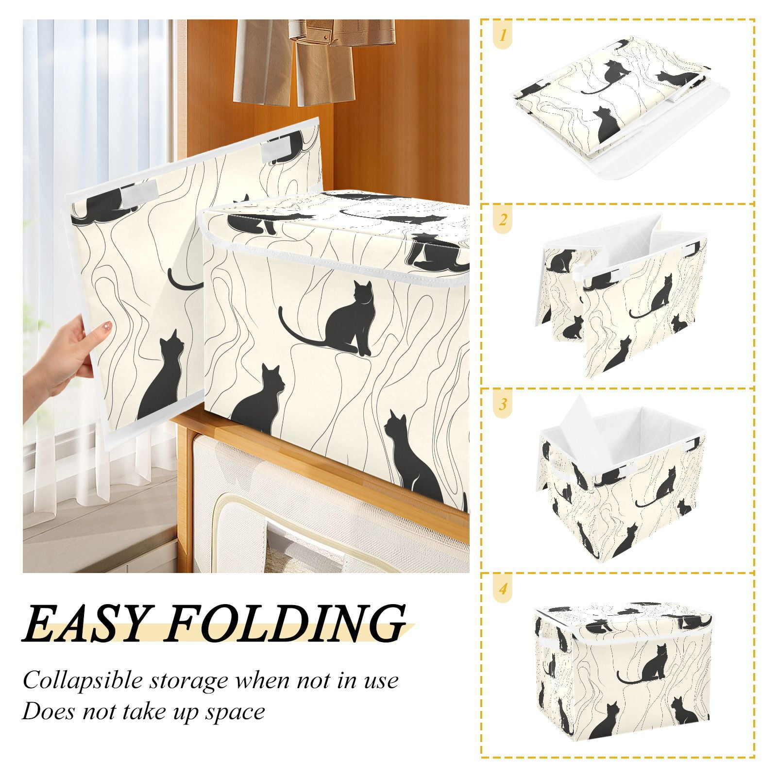 Black Cats Lines Storage Basket for Shelves Foldable Container Organizer for Organizing Toys Clothes Books with Handles