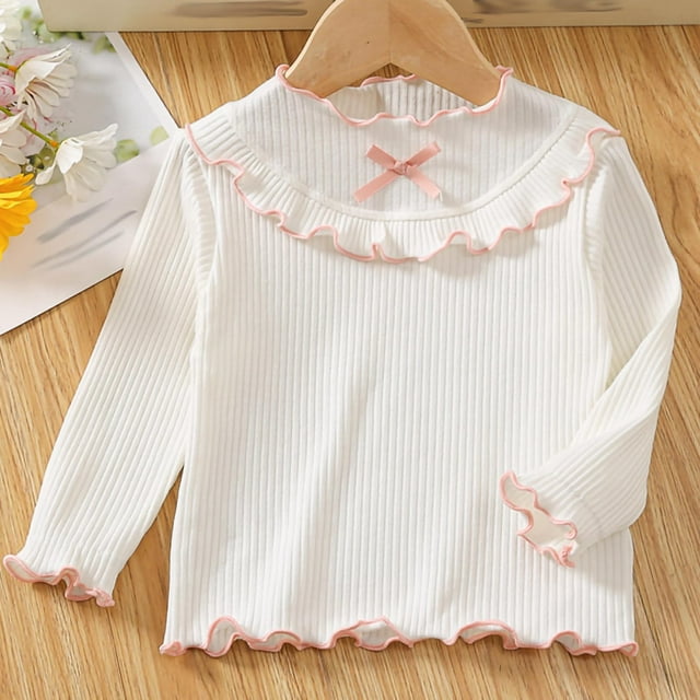 Cowsor Girls Soft Ribbed Peter Pan Collar Bow T-Shirt Sweet and Ribbed Knit Casua Cute Tops