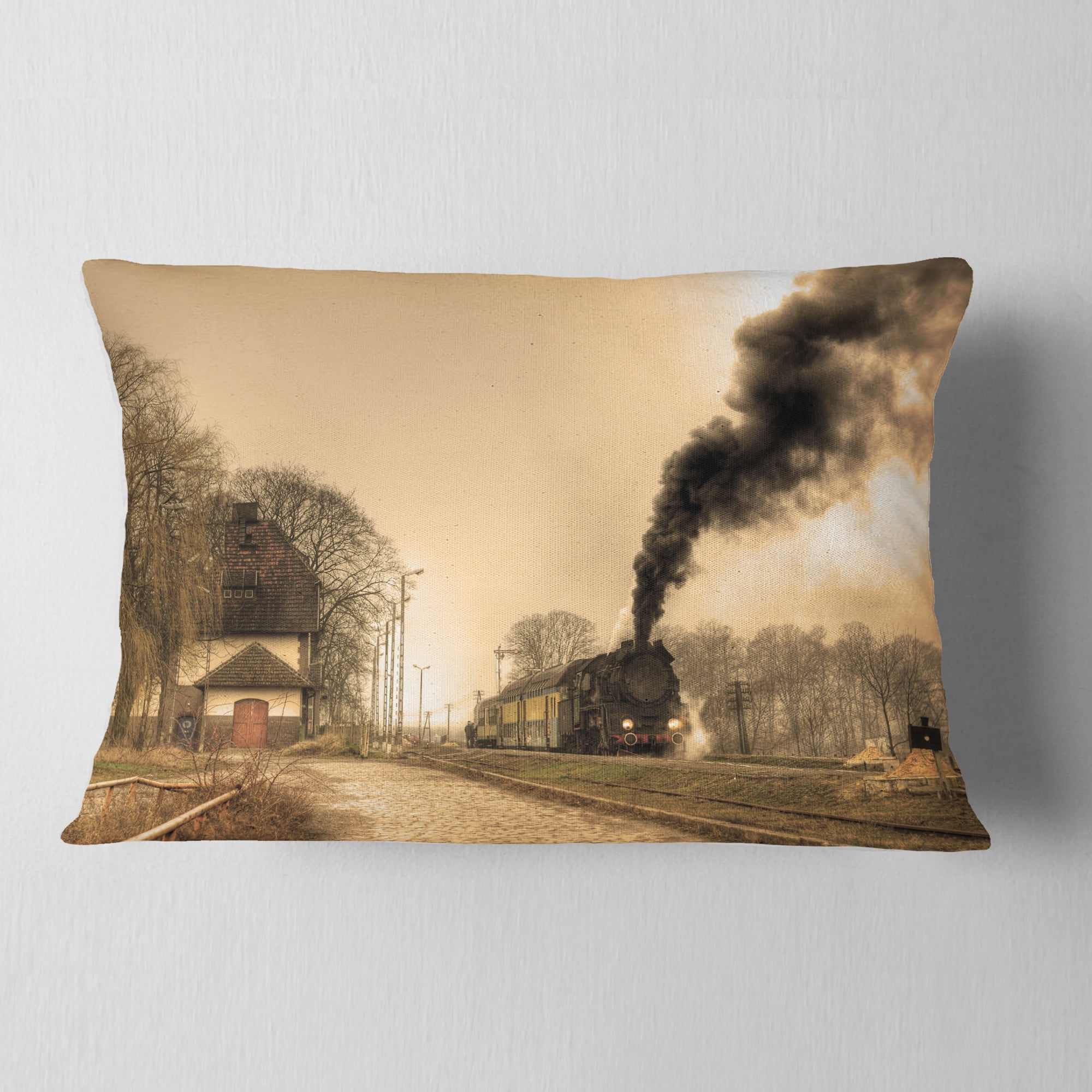 Designart Retro Steam Train - Landscape Photography Throw Pillow - 12x20