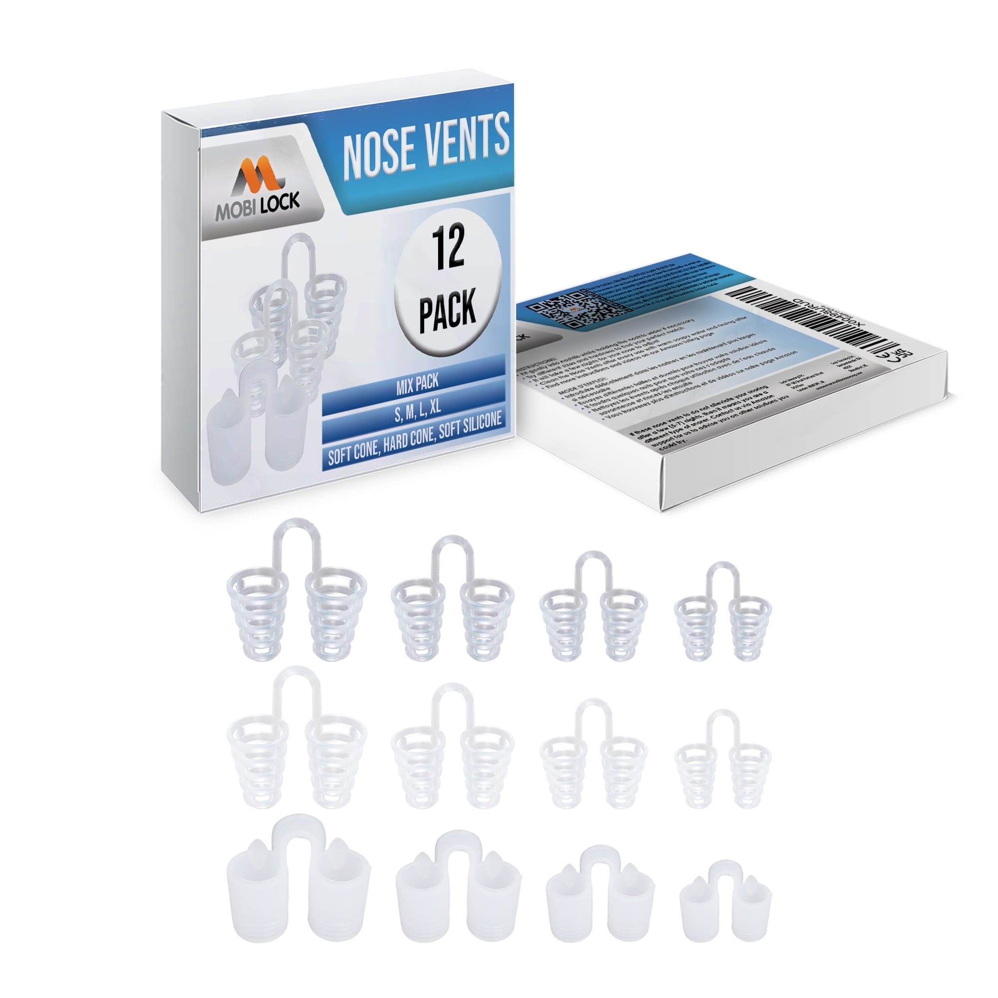 Nose Vent Sinus Relief Dilator (Pack of 12 Various Types and Sizes) - A Simple Solution for Nasal Snorers - Reusable Snoring Device to enjoy a peaceful night's sleep - by Mobi Lock