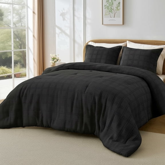 Regency Heights Waffle Weave Comforter Set, Full/Queen Size Textured Comforter Bed Set, 3-Piece Lightweight Bedding Set with Pillow Shams for All Season, Black