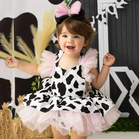 

Wiueurtly Toddler Baby Girls Romper Dress Cow Print Tulle Clothes Sleeveless Tutu Dresses Hair Band Headband Outfits Set 6 Month Girl Tops
