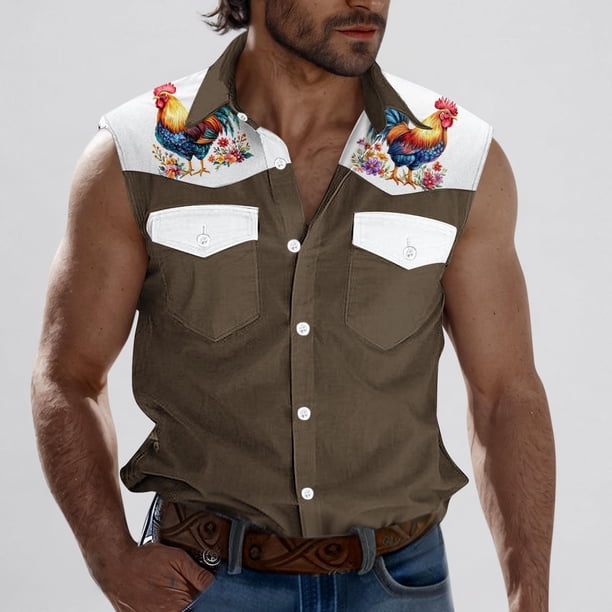 Camiseta sin mangas con cuello vuelto para hombre, estilo informal, a la moda, con estampado, cuello vuelto, sin mangas, bolsillos, deportiva, de poliéster