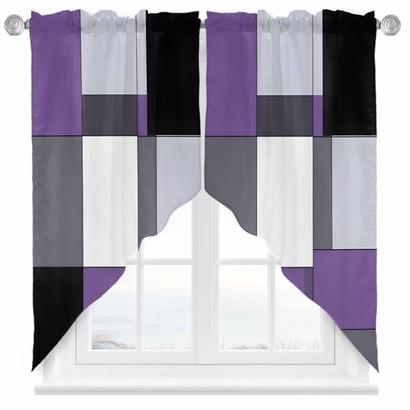 Purple Black Swag Curtain Valance for Windows, Geometric Abstract Color Block Modern Art Window Treatments Short Swag Topper for Kitchen Windows Bathroom Bedroom, 36"x36"