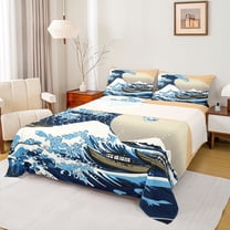 Manfei Japanese Style Bed Sheets,Sea Ocean Waves Nautical King Sheets,Ukiyoe Themed Sheet Set For Children,Super Cozy Room Decor,4pcs