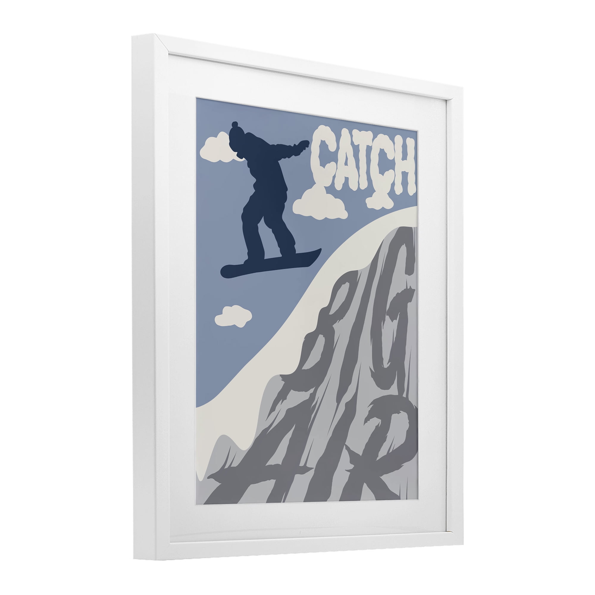 Catch Big Air Snowboard White Framed Print Under Glass, design by Marcus Prime
