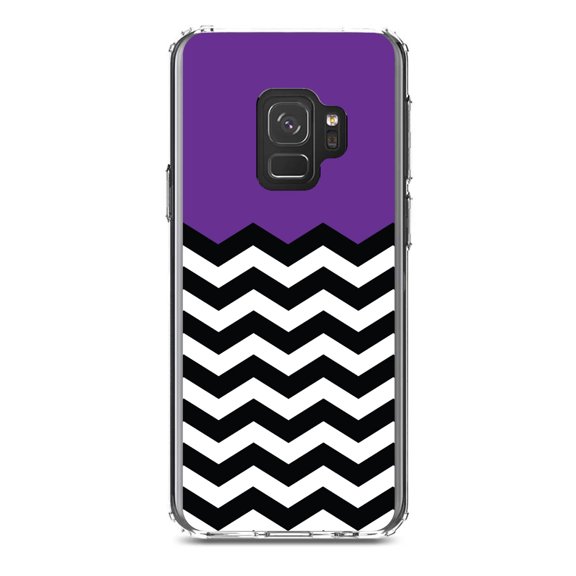 DistinctInk Clear Shockproof Hybrid Case for Samsung Galaxy S9 (5.8" Screen) - TPU Bumper, Acrylic Back, Tempered Glass Screen Protector - Black White Purple Chevron - Black & White Stripes Pattern