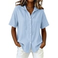 thumbnail image 5 of Women's Casual Short Sleeve Collar Hoodie Blouse, Solid Color Imitation Linen Top, 5 of 7