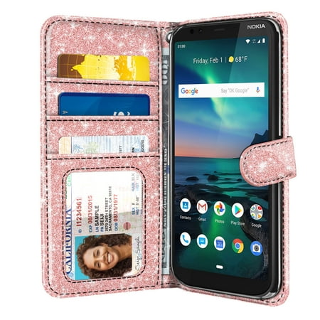 FINCIBO Sparkle Glitter Wallet Cover Case with Card Holder Kickstand for Nokia 3.1 Plus 2019 6