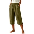 thumbnail image 2 of Women's Cotton Spandex Wide Leg Cropped Pants, Mid Elastic Waist Flowy Soft, Multi Pockets Solid Color, Casual Business Lounge Summer Beach, Womens Capri Pants | VerBelle,Army Green L, 2 of 6