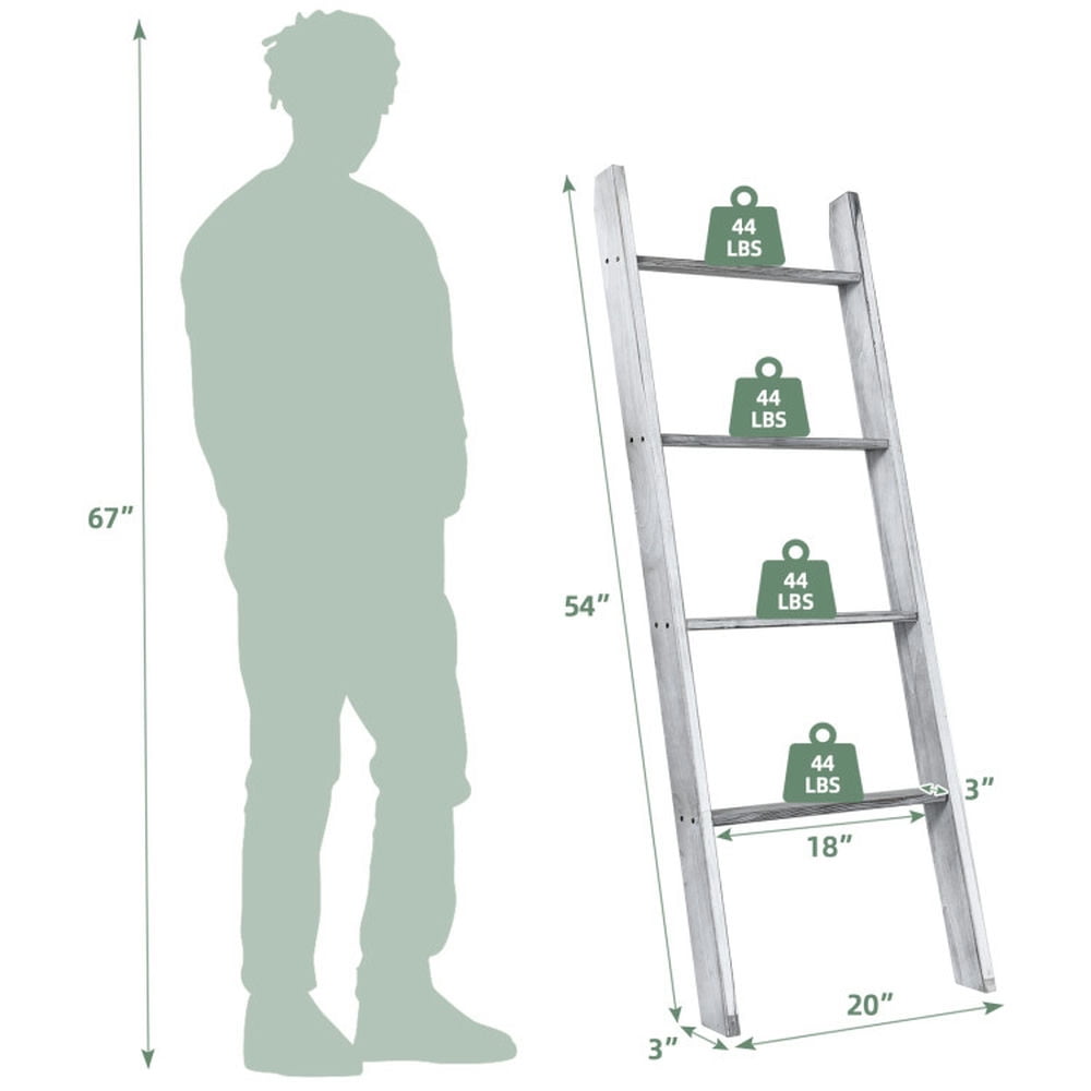 Finihen Wall Leaning Ladder Towel Rack, Blanket Ladder, 4-Tier Wall Leaning Ladder Shelf Stand, Gray