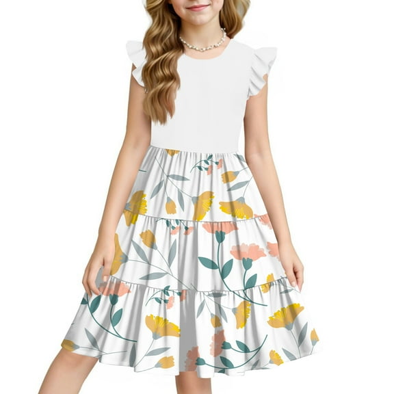 XADYUY Floral Dresses for Girls 10-12 Twirly A-Line Ruffle Sleeve Skater Dresses Cute Pleated Crew Neck Tiered Sundresses School for Kids Size 3-12 Years,Beige 11-12 Years