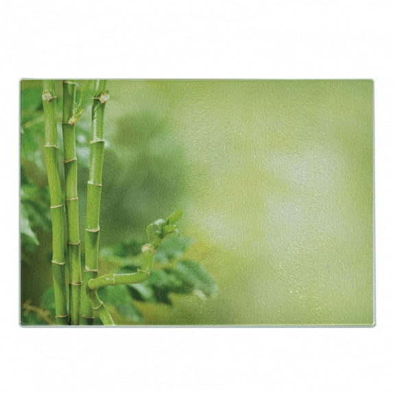 Spa Cutting Board, Green Nature Bamboos with Other Tree Braches and Bushes Image, Decorative Tempered Glass Cutting and Serving Board, Small Size, Green and Pale Green, by Ambesonne