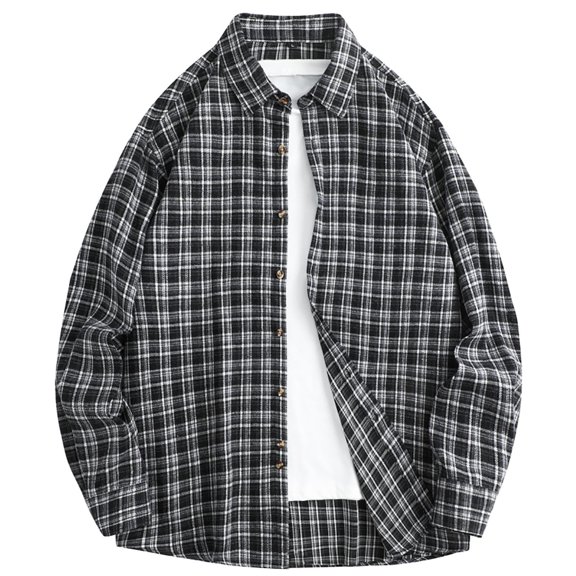 Tmtolofot Long Sleeve Shirts for Men Plaid Stand Collar Button Down Blouses Vintage Regular Fit T-Shirt Business Casual Outfits Basic Overshirt Jacket Going Out Tops 2026 Spring Fall Outfit|Black|L