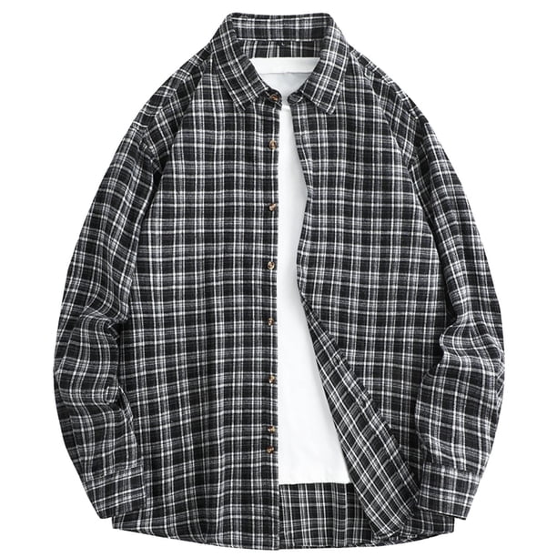 Mens Casual Manga Corta Botón Abajo Camisas Vintage Comprobar Collar de Solapa Manga Larga Moda Superior, Blusa Elegante