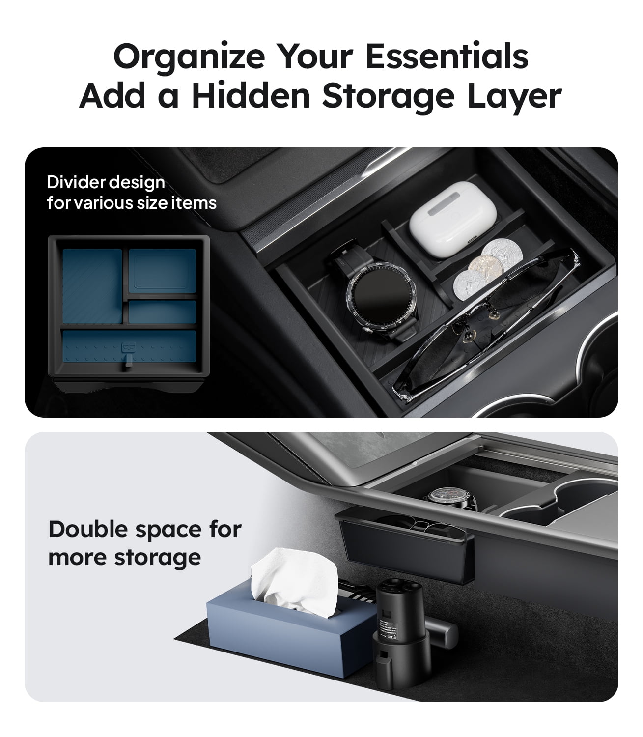 Wigoo Center Console Organizer for Tesla Model Y Juniper - Only Premium & Performance 2025 2026 & All Model 3 Highland Accessories, Double-Layer Storage, Smooth Sliding, 4PCS Black