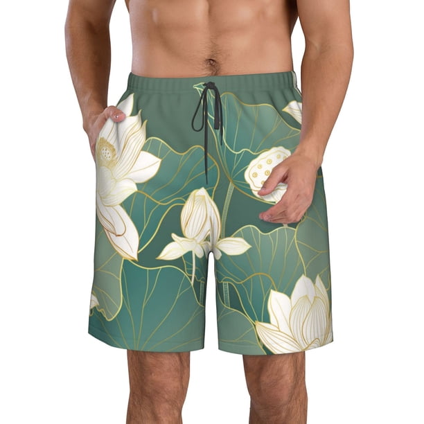 Balery Lotus Golden Line Traje de Baño Estilo Hawaiano para Hombre, Shorts de Secado Rápido con Bolsillos-Small