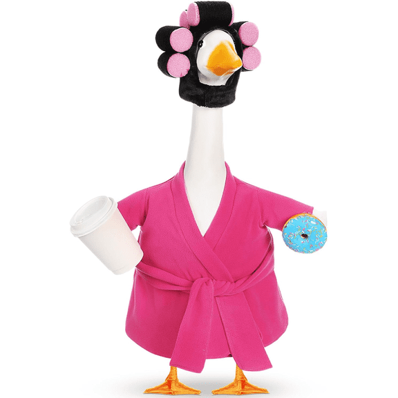 Goose Outfit Set for 23 Inch Garden Goose Statue - Hot Pink Bathrobe, Hair Curlers & Coffee Cup, Outdoor Lawn Yard Patio Porch Decor Costume